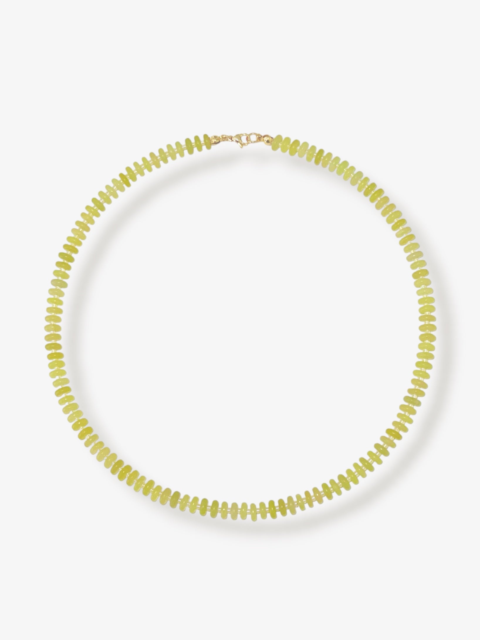 Lemon jade beaded gemstone necklace with yellow smooth disc rondelle stone beads, sparkling Japanese seed beads and 14k gold filled or solid gold clasp with minimalist design on a neutral background