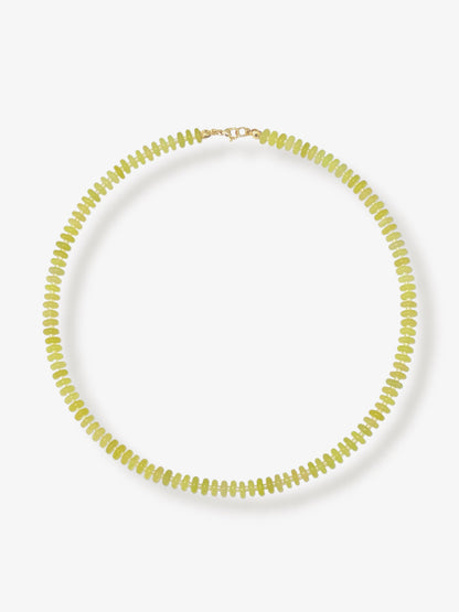 Lemon jade beaded gemstone necklace with yellow smooth disc rondelle stone beads, sparkling Japanese seed beads and 14k gold filled or solid gold clasp with minimalist design on a neutral background