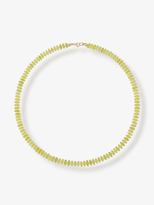 Lemon jade beaded gemstone necklace with yellow smooth disc rondelle stone beads, sparkling Japanese seed beads and 14k gold filled or solid gold clasp with minimalist design on a neutral background