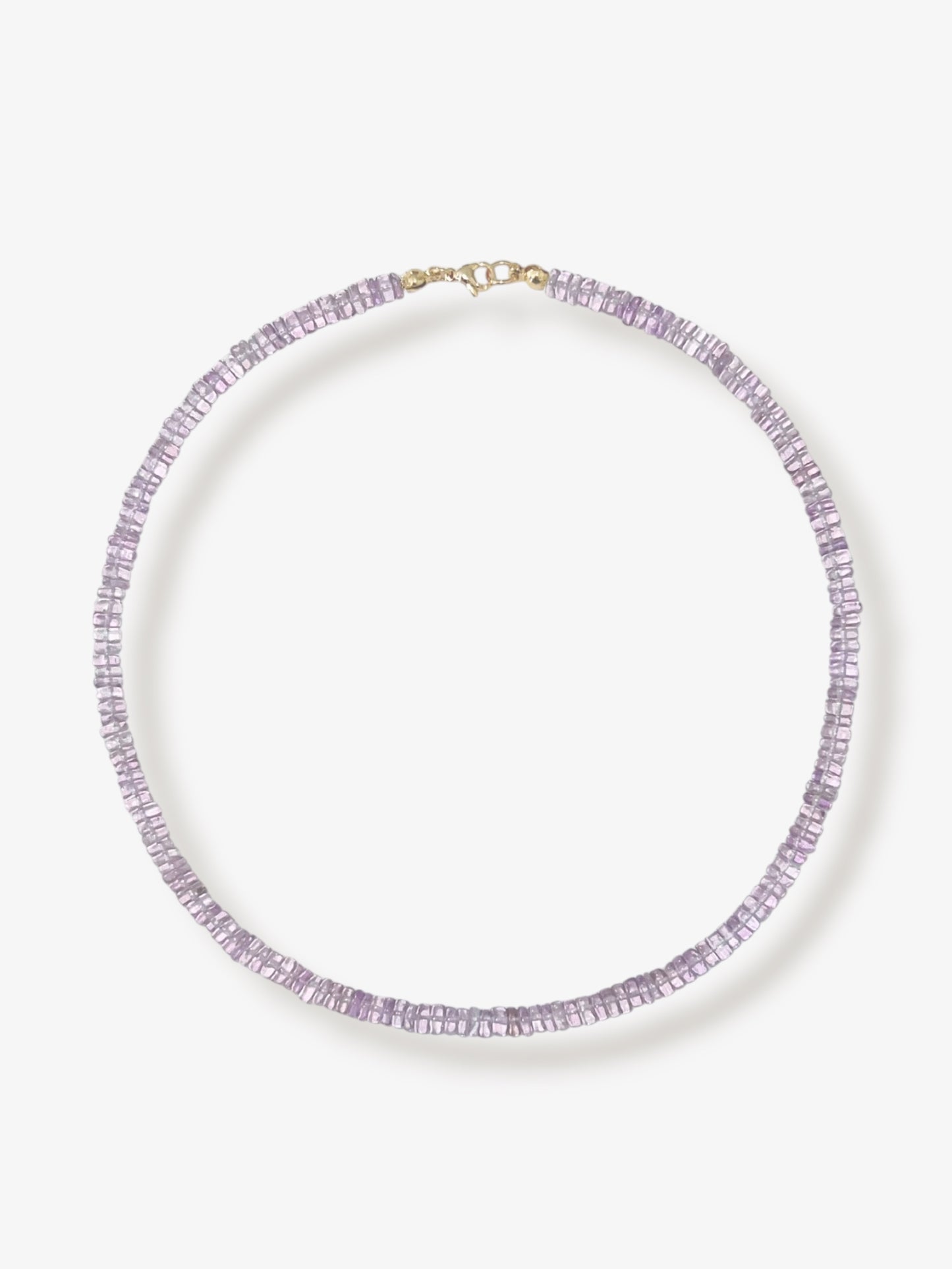 Pink Amethyst beaded gemstone necklace with translucent light purple smooth rondelle beads and 14k gold filled or solid gold clasp with a minimalist design on a neutral background