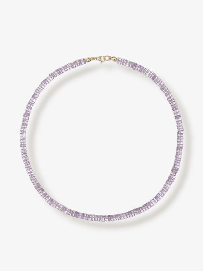 Pink Amethyst beaded gemstone necklace with translucent light purple smooth rondelle beads and 14k gold filled or solid gold clasp with a minimalist design on a neutral background