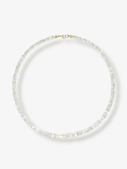 Rainbow moonstone beaded gemstone necklace with white faceted rondelle beads and 14k solid gold or gold filled clasp with minimalist design on a neutral background