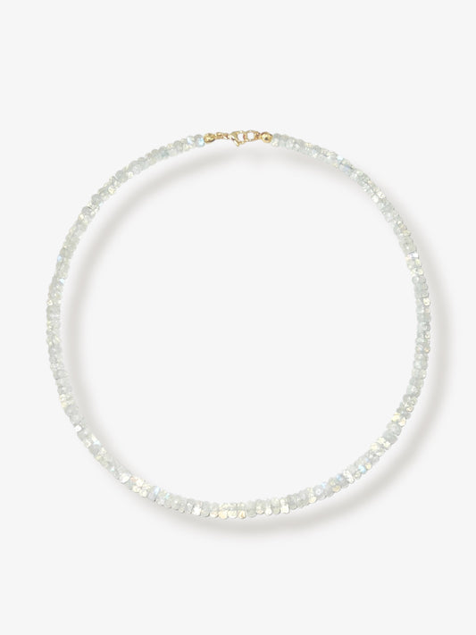 Rainbow moonstone beaded gemstone necklace with white faceted rondelle beads and 14k solid gold or gold filled clasp with minimalist design on a neutral background