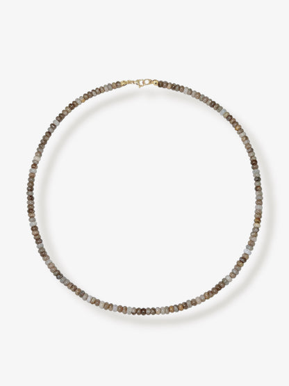 Dainty silver leaf jasper beaded gemstone necklace with rondelle beads featuring a multi-tone or neutral shades including beige, tan, brown, grey, and white with smooth polished finish completed with 14k gold filled or solid gold clasp with a minimalist design on a neutral background